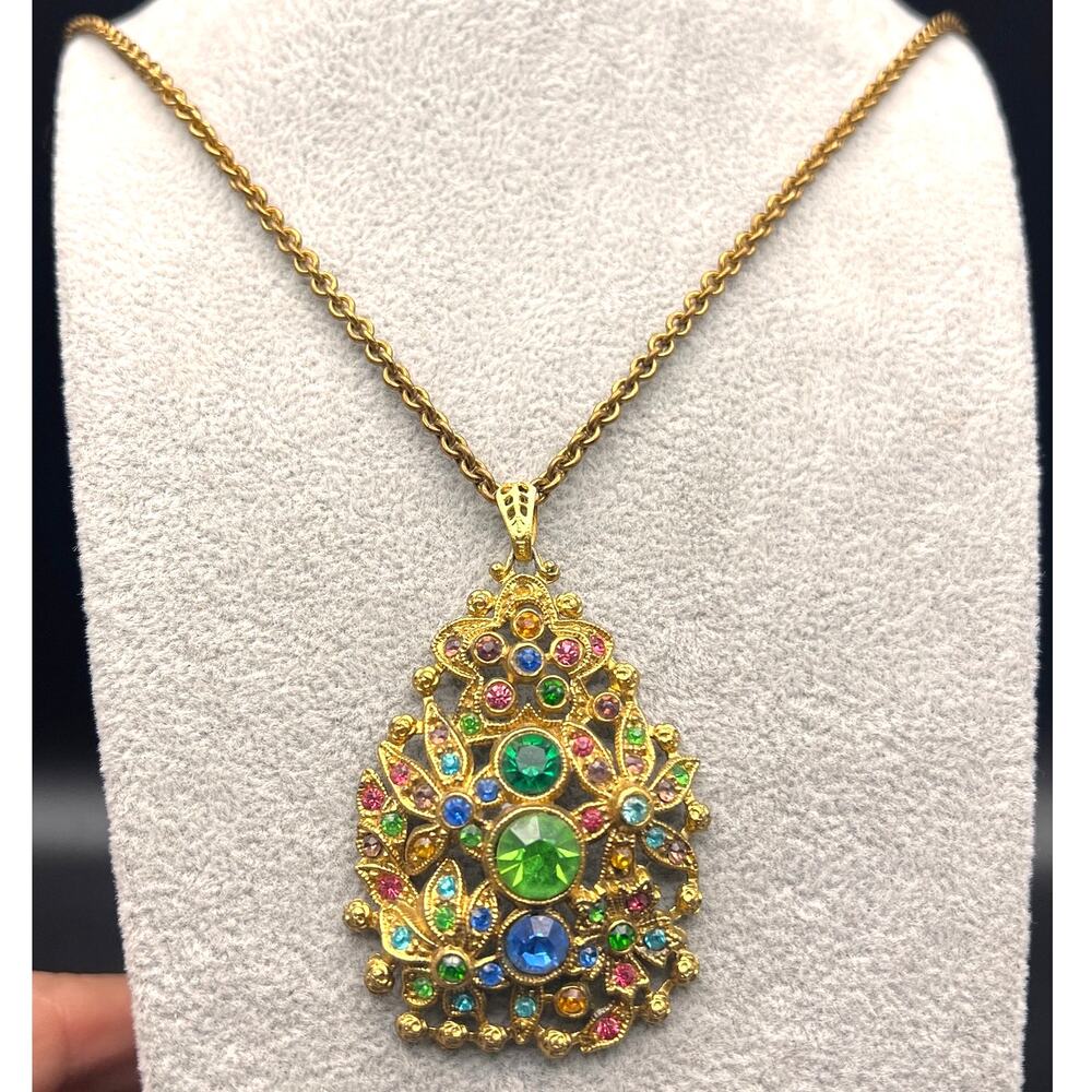 Vintage art deco style fruit salad glass rhinestones pot metal pendant necklace